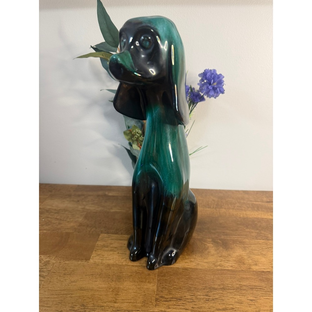 Vintage MCM Art Pottery Spaniel Dog Figurine Green Black Drip Glaze Statue Decor